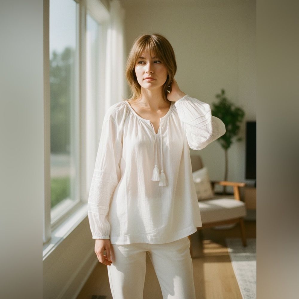 Vince White Boho Lagenlook Neck Tie Lace Insert Long Sleeve Blouse Top XL